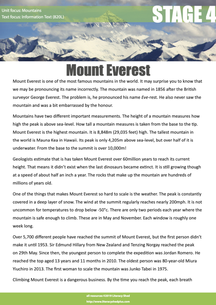 Mt. Everest Reading Comprehension Worksheets Mt. Everest Reading Comprehension Worksheets