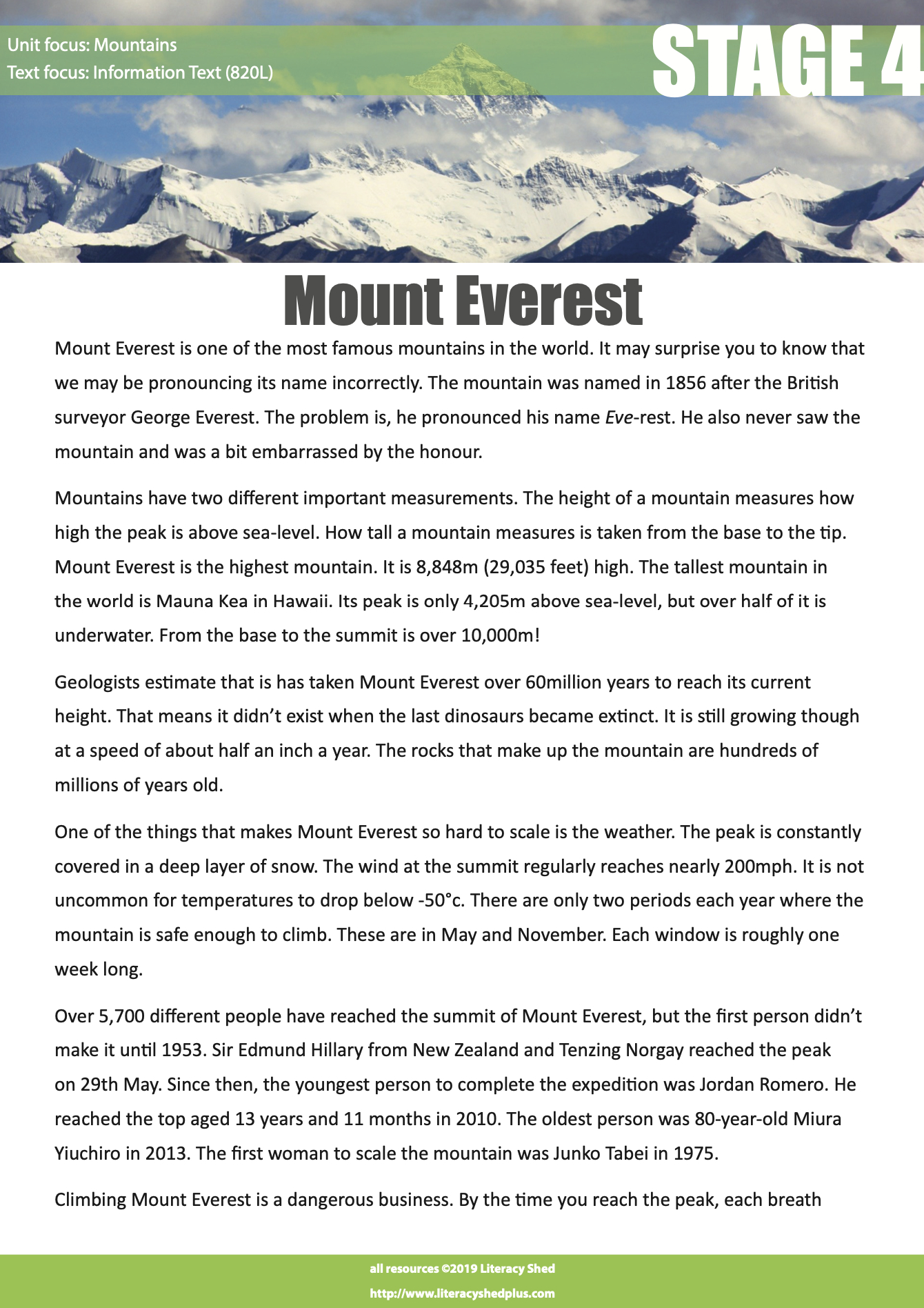Literacy Shed Plus - Litshed Resource // Mount Everest Stage 4 Comp regarding Mt. Everest Reading Comprehension Worksheets