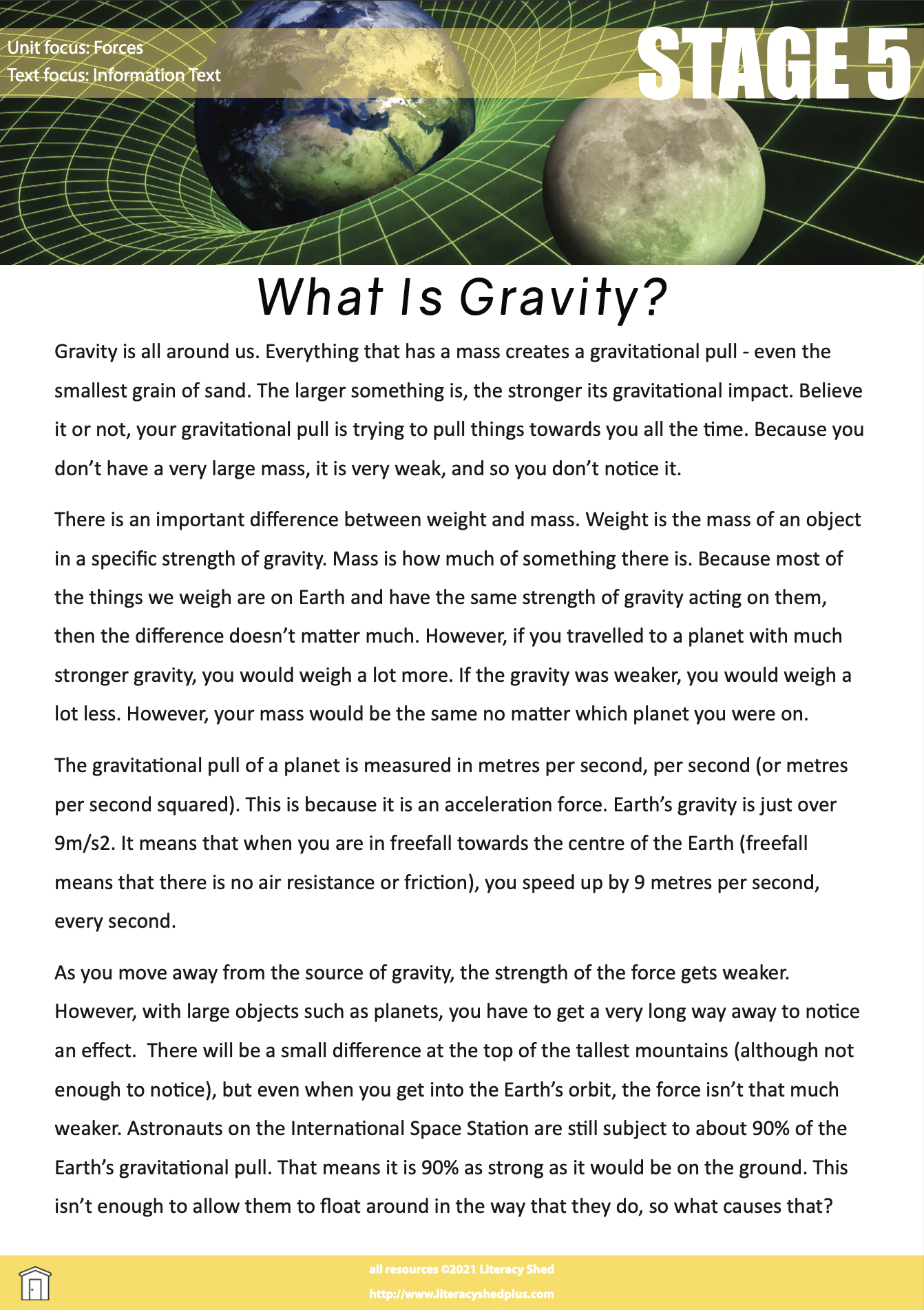 Literacy Shed Plus - Litshed Resource // What Is Gravity? Stage 5 in Gravity Reading Comprehension Worksheets