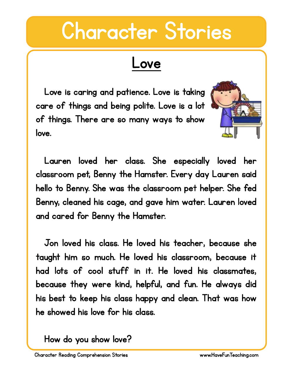 Love Character Reading Comprehension Worksheet - Have Fun Teaching pertaining to Teacher Worksheets Reading Comprehension
