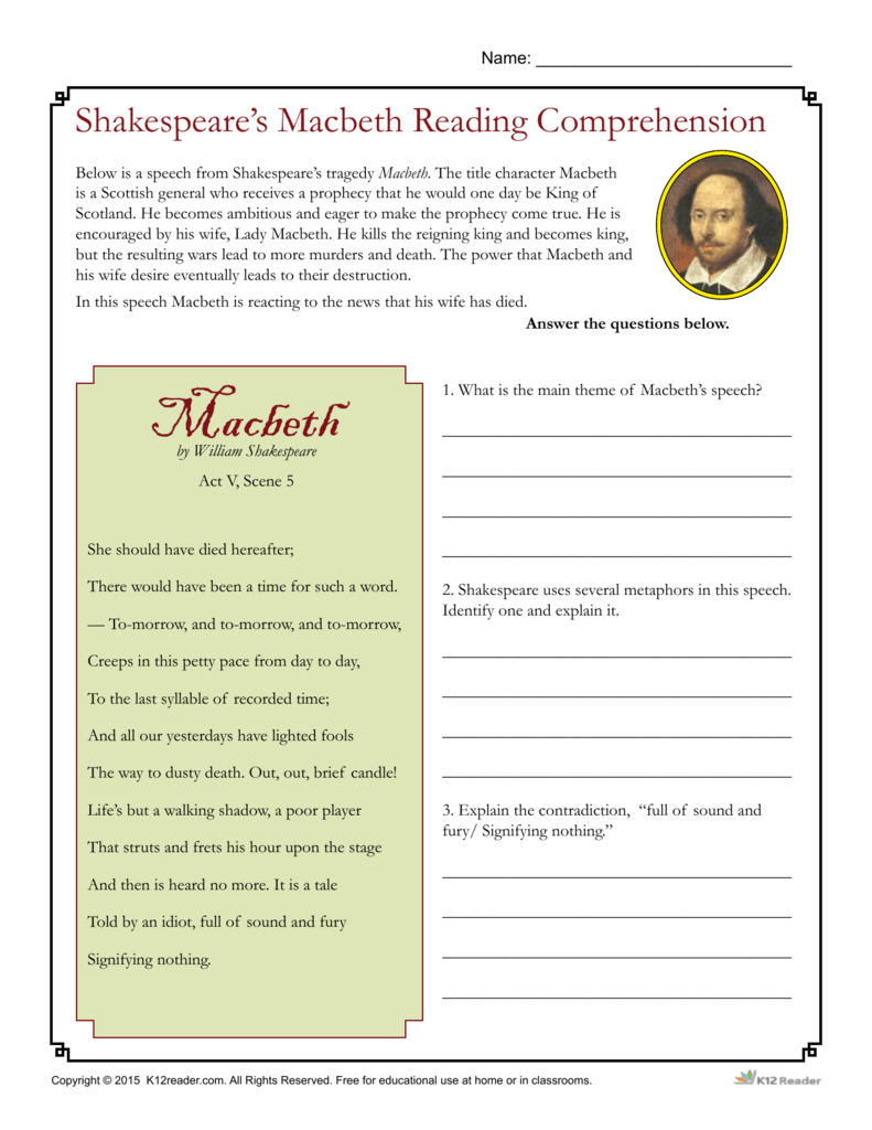 Macbeth Reading Comprehension Worksheet regarding Shakespeare Reading Comprehension Worksheets Free