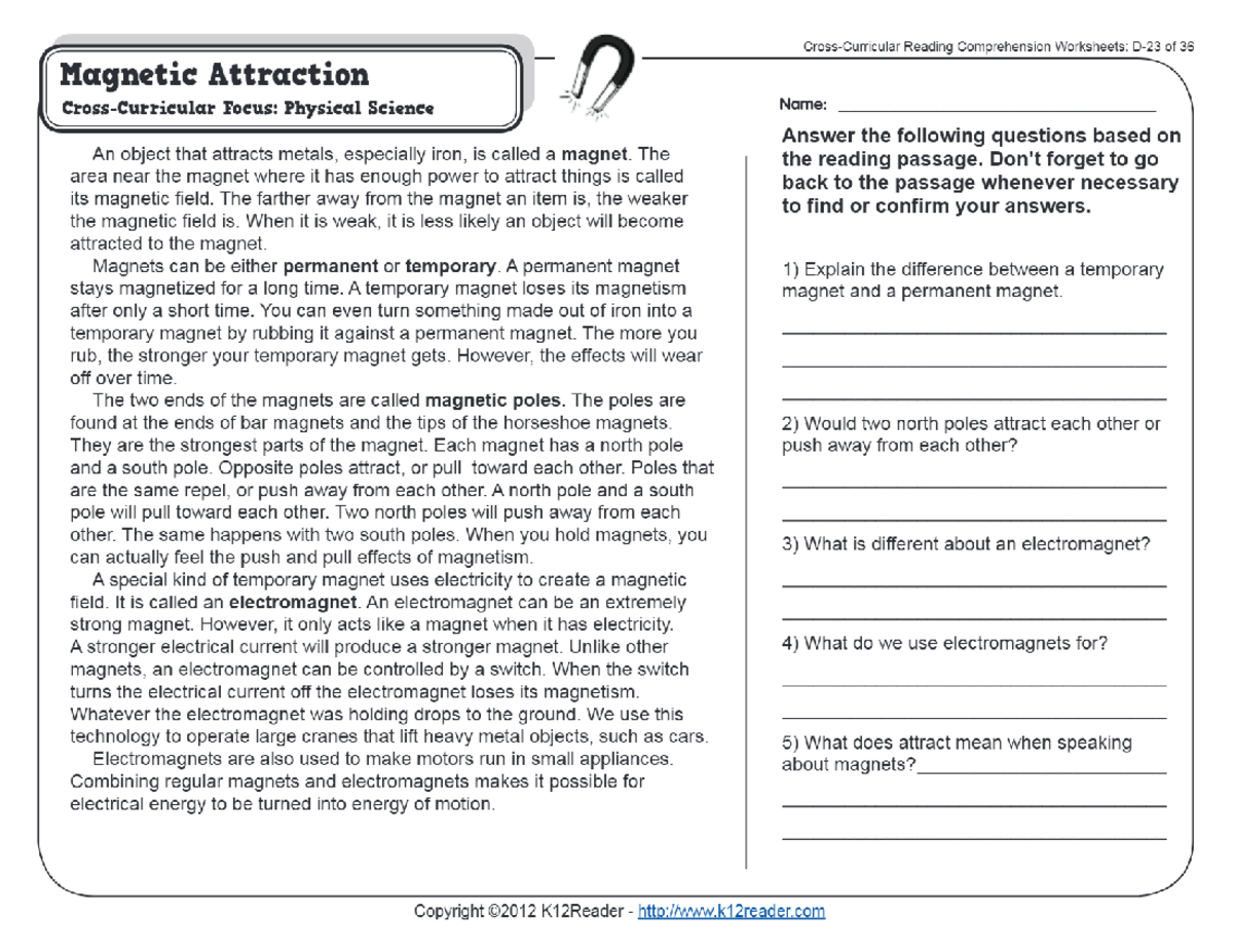 Magnetic Attraction Reading Comp. Worksheet: 4Th Grade Science for Science Reading Comprehension Worksheet Magnetism And Electricity