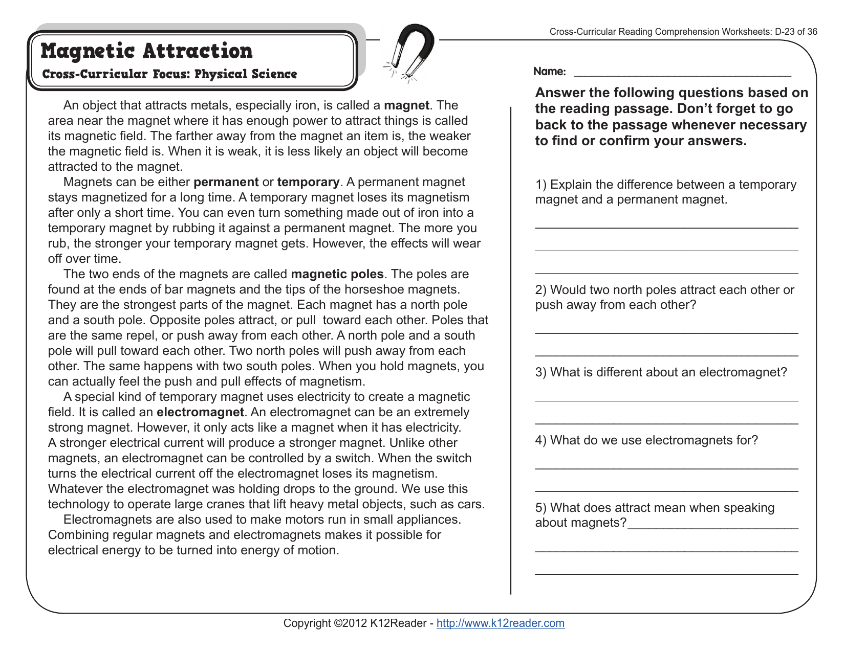 Magnetic Attraction Worksheet: Physical Science inside Reading Comprehension Worksheet Magnetism And Electricity Answer Key