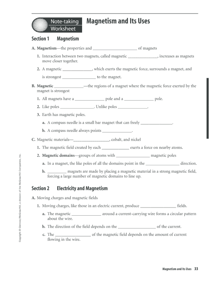 Reading Comprehension Worksheet Magnetism Answer Key