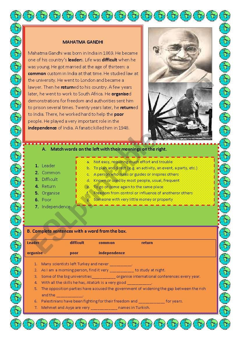 Mahatma Gandhi - Esl Worksheetyasam for Gandhi Reading Comprehension Worksheets