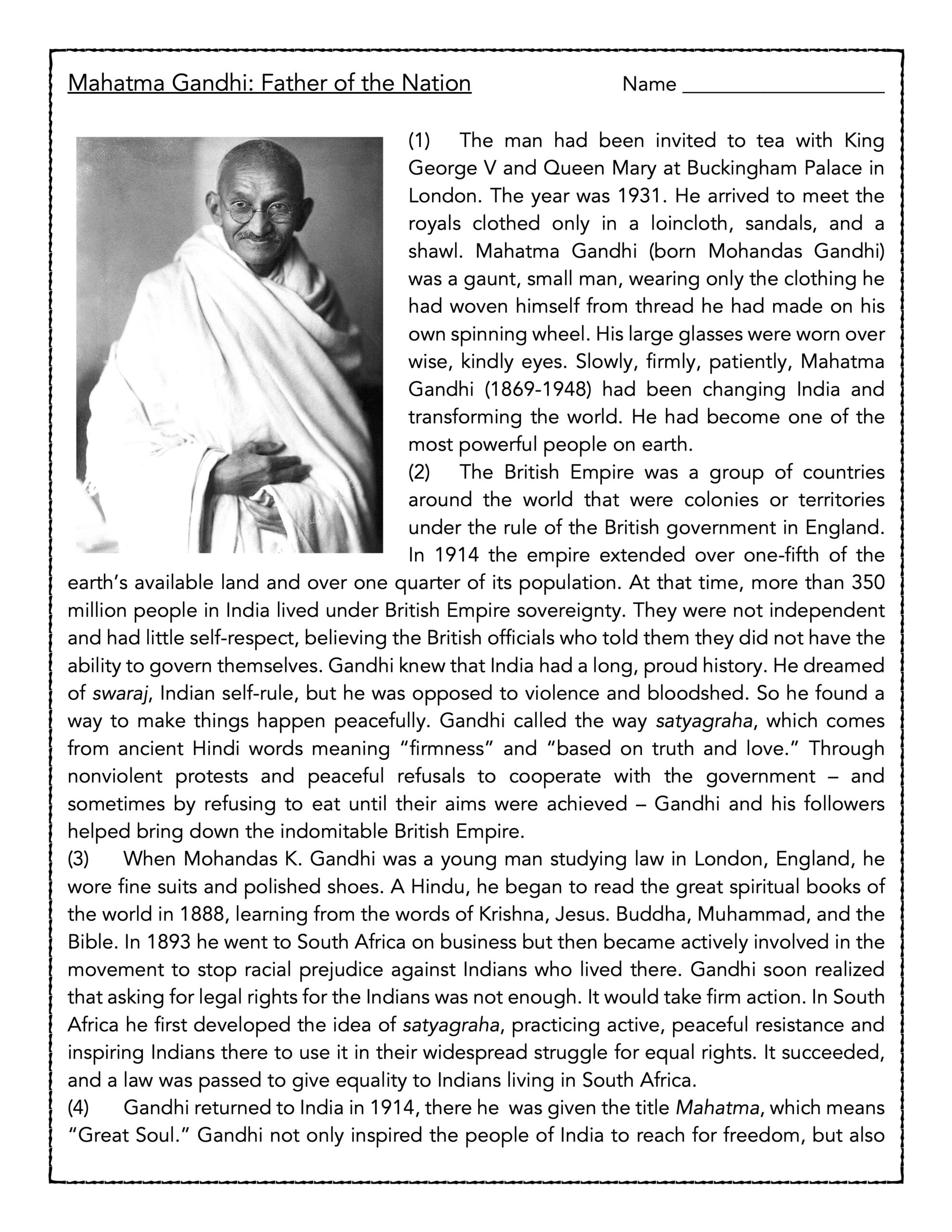 Mahatma Gandhi- Reading Comprehension Biography And Assessment inside Gandhi Reading Comprehension Worksheets