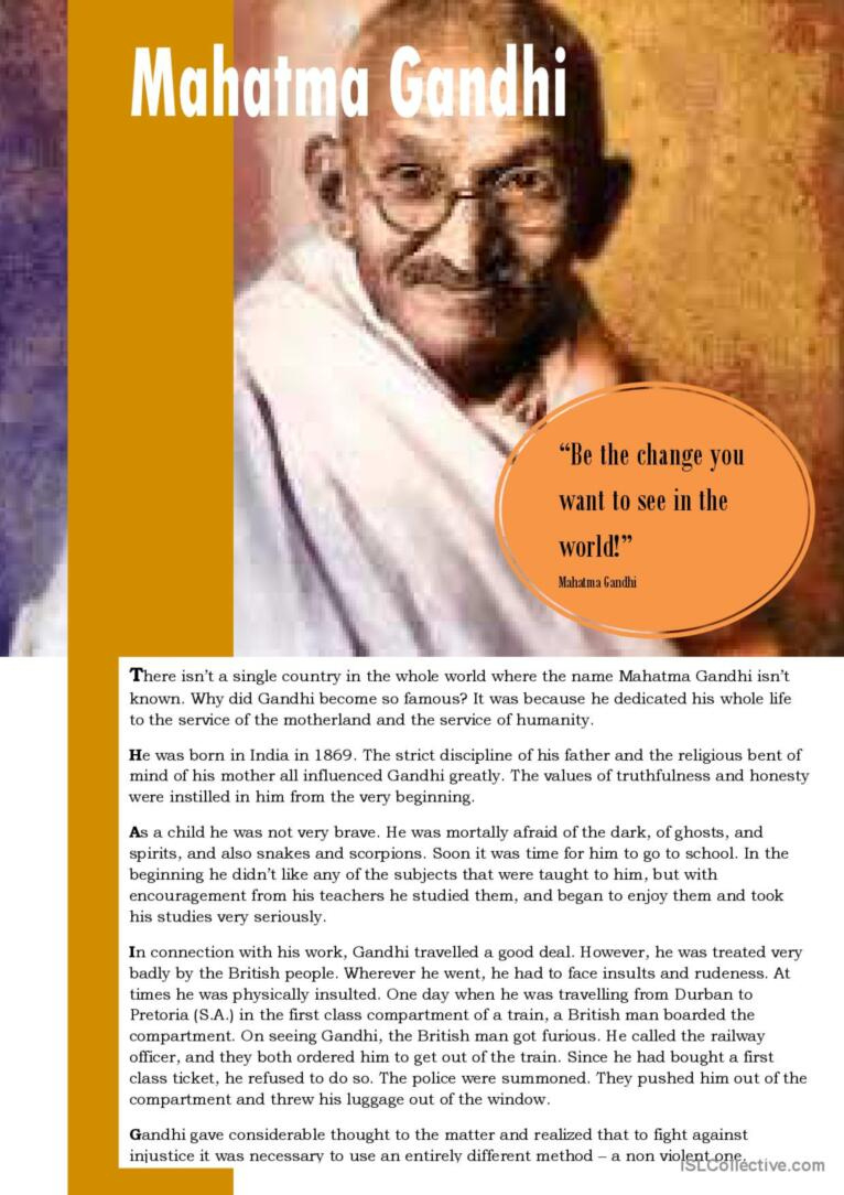Mahatma Gandhi Reading For Detail (D…: English Esl Worksheets Pdf inside Gandhi Reading Comprehension Worksheets