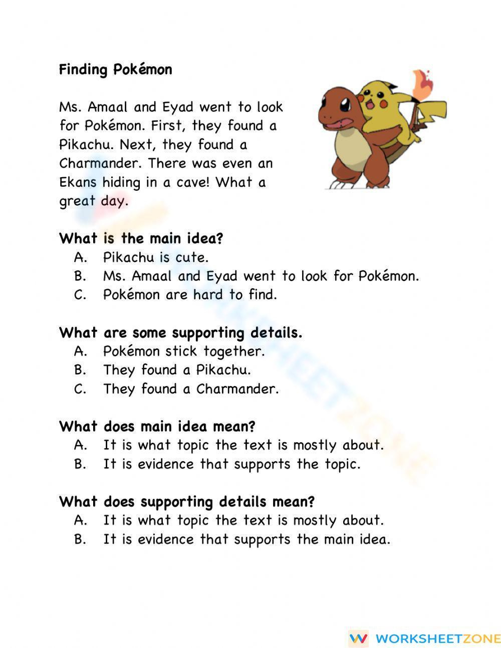 Main Idea: Finding Pokemon Worksheet within Pokemon Reading Worksheets