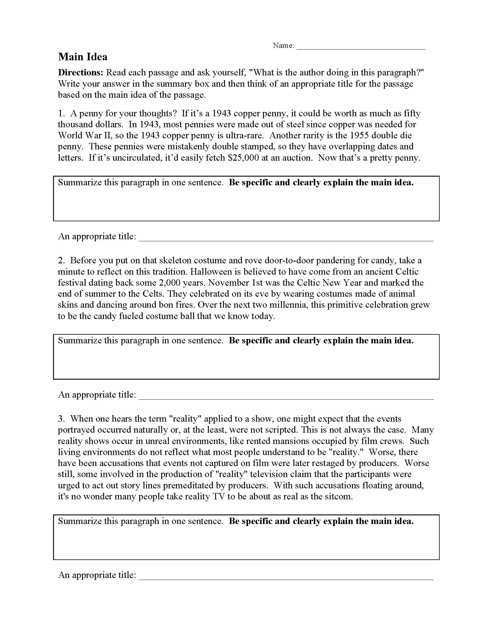 Main Idea Worksheets | Ereading Worksheets in Main Idea Reading Comprehension Worksheet
