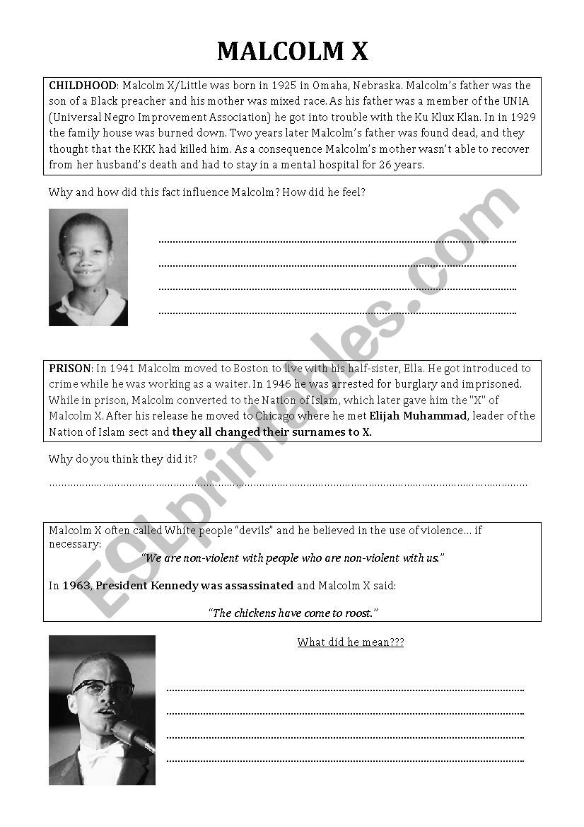Malcolm X - Biography - Esl Worksheetmimmel32 throughout Malcolm X Reading Comprehension Worksheets