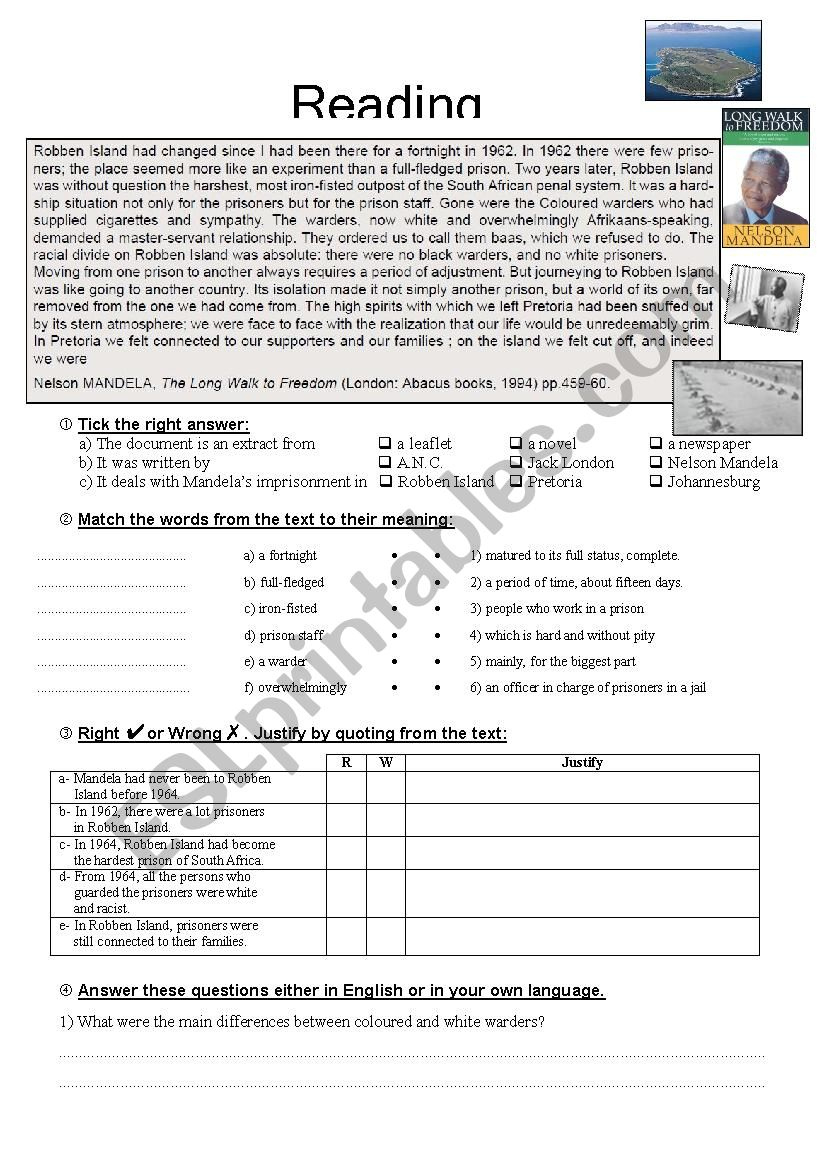 Mandela: Reading Comprehension - Esl Worksheetnanette25 throughout Nelson Mandela Reading Comprehension Worksheets