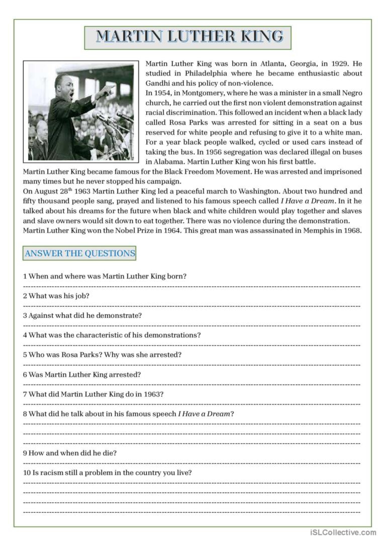 Martin Luther King - Reading Compreh…: English Esl Worksheets Pdf intended for Martin Luther King Jr Reading Comprehension Worksheet
