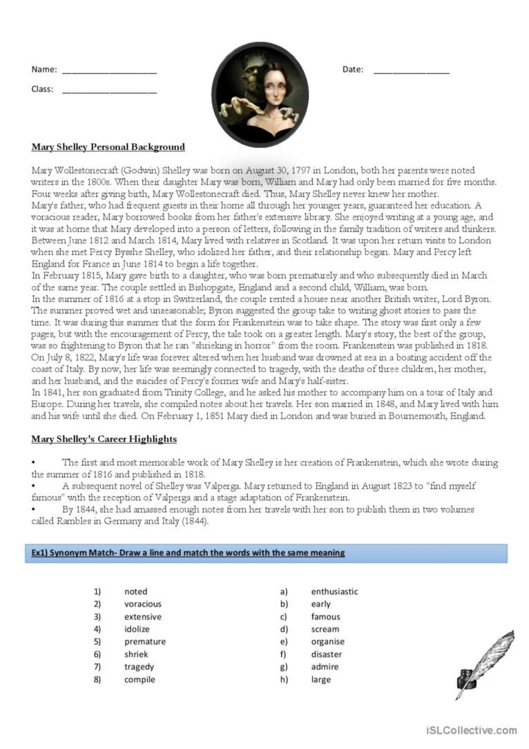 Mary Shelley Biography Comprehensio…: English Esl Worksheets Pdf &amp;amp; Doc throughout Biography Reading Comprehension Worksheets