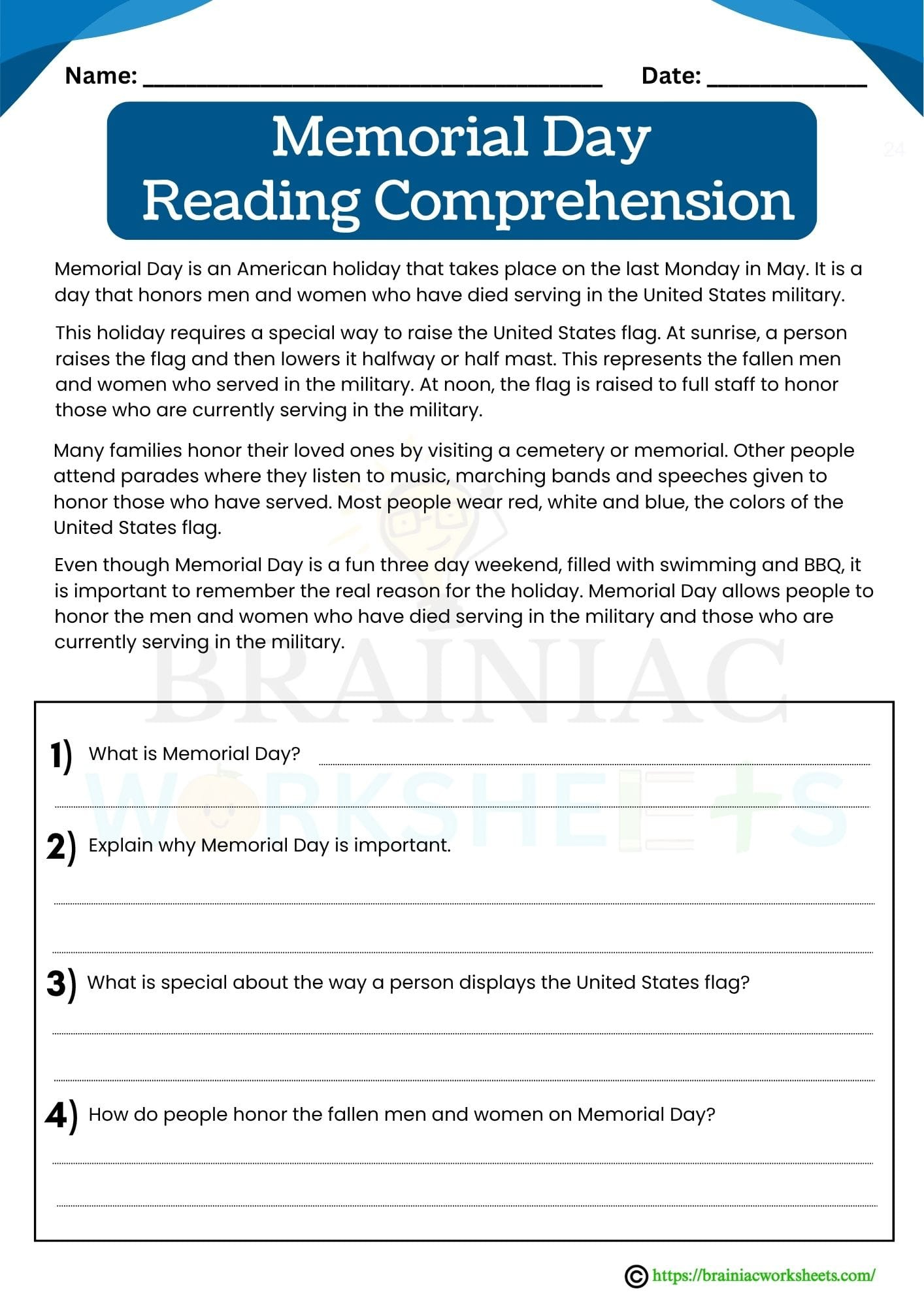 Memorial Day Reading Comprehension English Worksheet For Class 4 for Memorial Day Reading Comprehension Worksheet