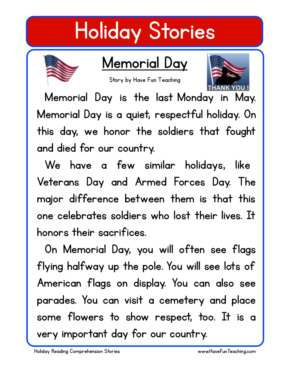Memorial Day Reading Comprehension Worksheet - Have Fun Teaching for Memorial Day Reading Comprehension Worksheet