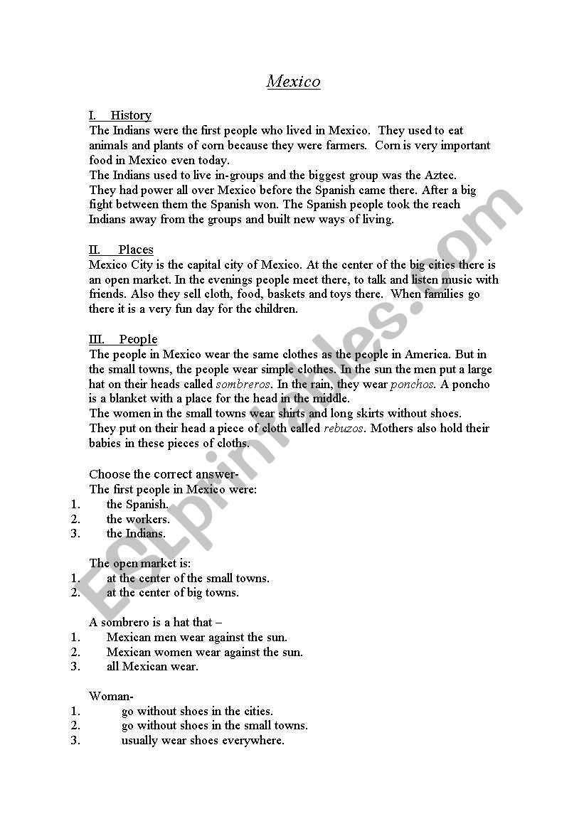 Mexico- A Reading Comprehension Passage - Esl Worksheetlimor Mor with regard to Mexico Reading Comprehension Text Worksheets