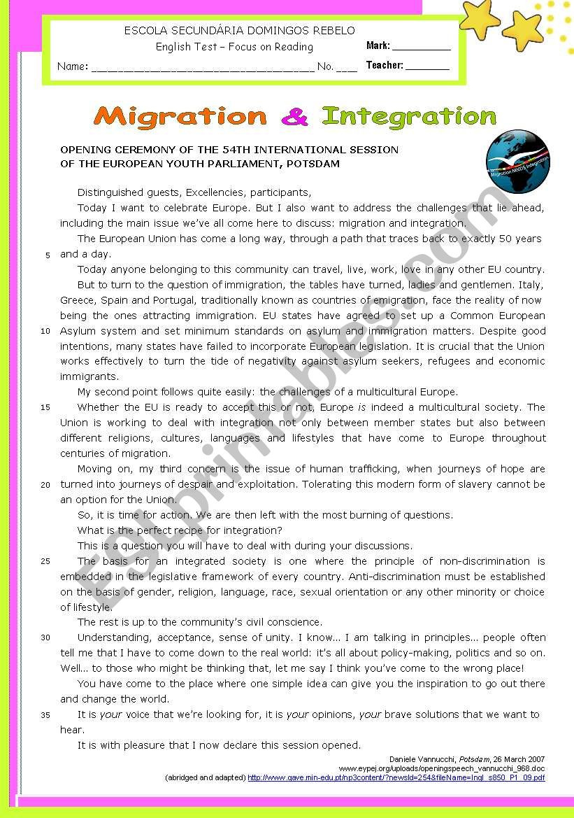Migration &amp;amp; Integration&amp;quot; - Multiculturalism: Reading Test For intended for Immigrant Reading Comprehension Worksheets