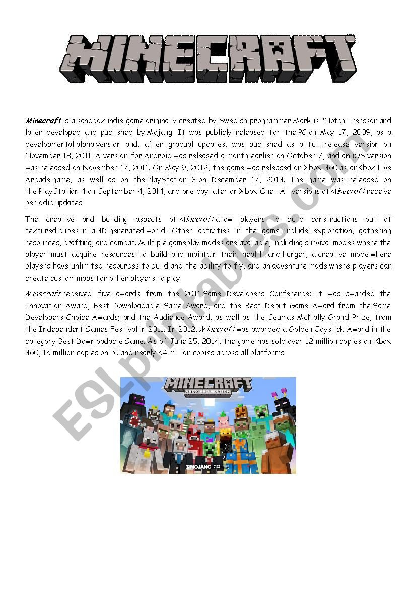 Minecraft Reading Comprehension Activity - Esl Worksheetihitz with regard to Minecraft Reading Comprehension Worksheets With Questions