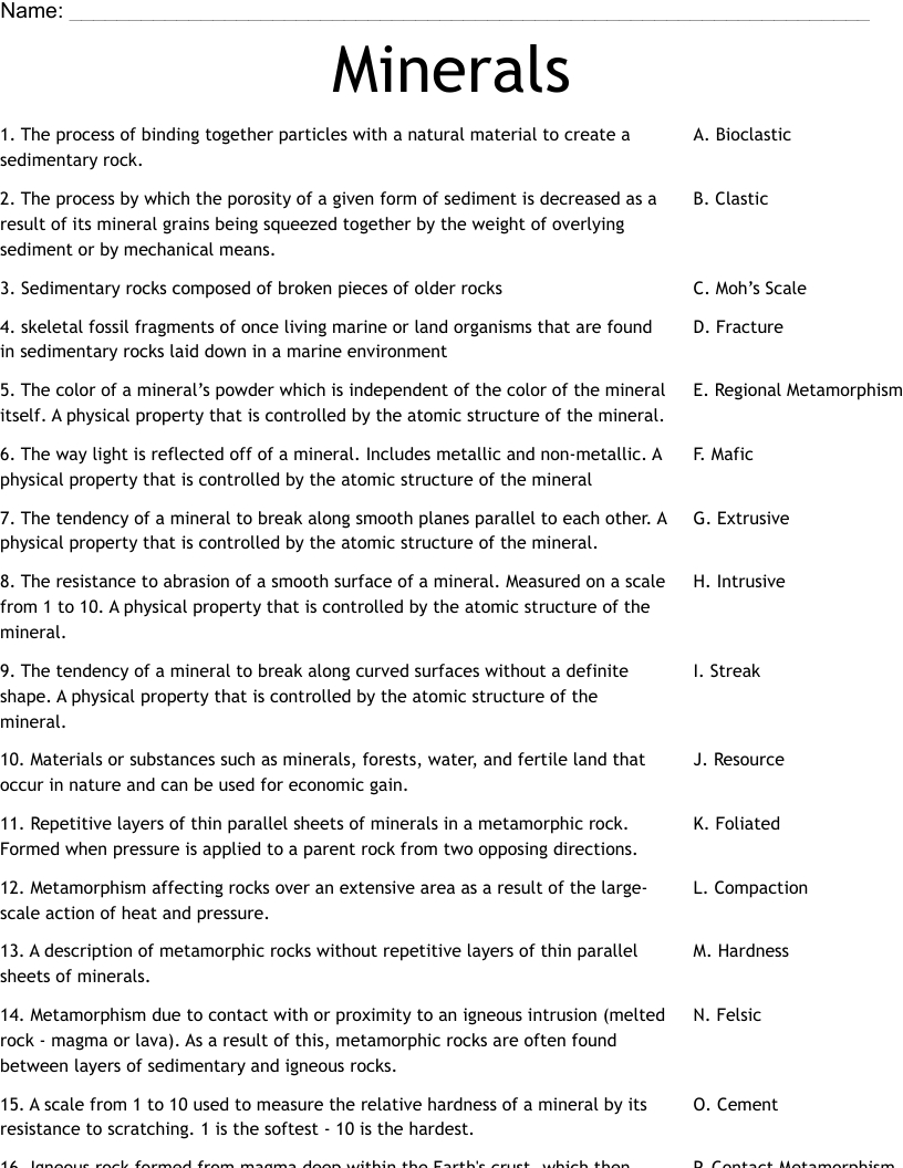 Minerals Worksheet - Wordmint throughout Minerals Reading Comprehension Worksheet Answer Key