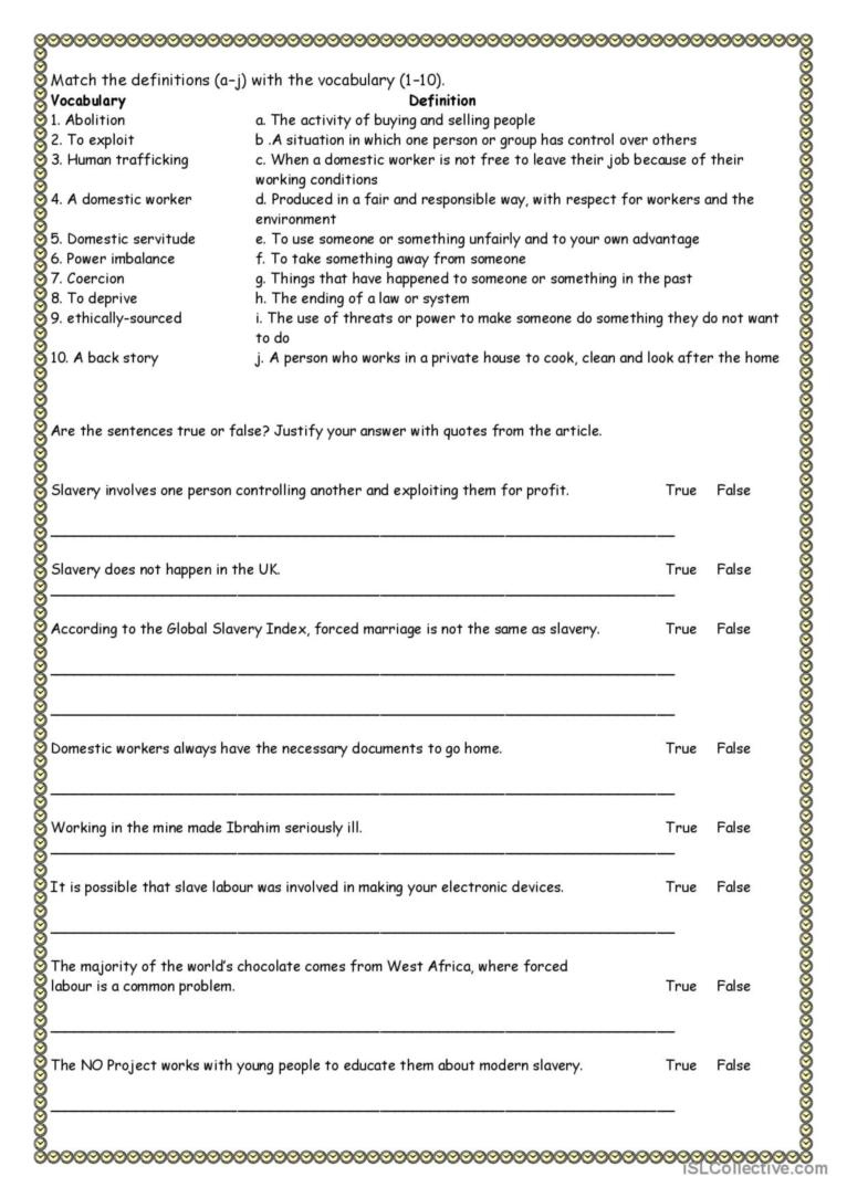 Modern Slavery Reading For Detail (D…: English Esl Worksheets Pdf regarding Slavery Reading Comprehension Worksheets