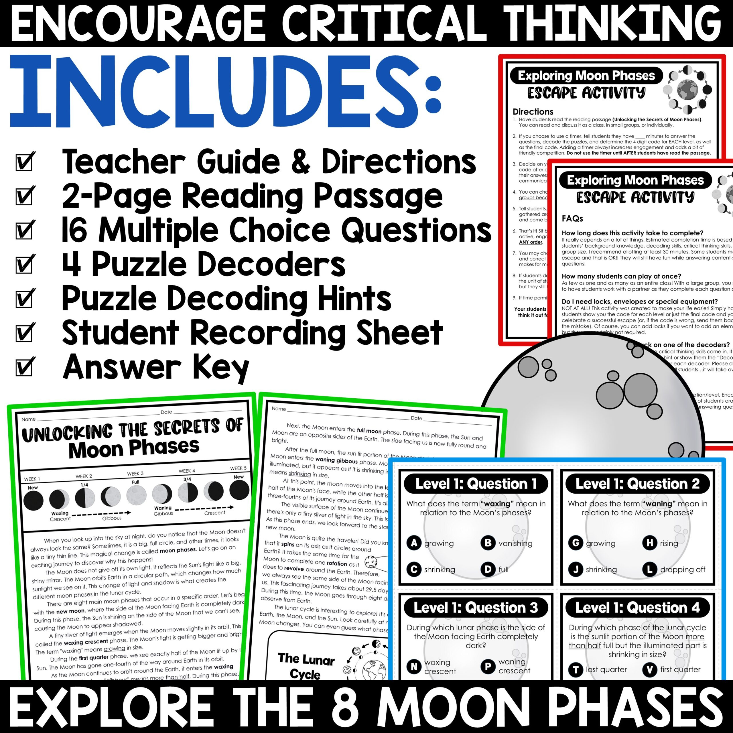 Moon Phases Activity Reading Comprehension Science Escape Room throughout Moon Phases Reading Comprehension Worksheets Year 7