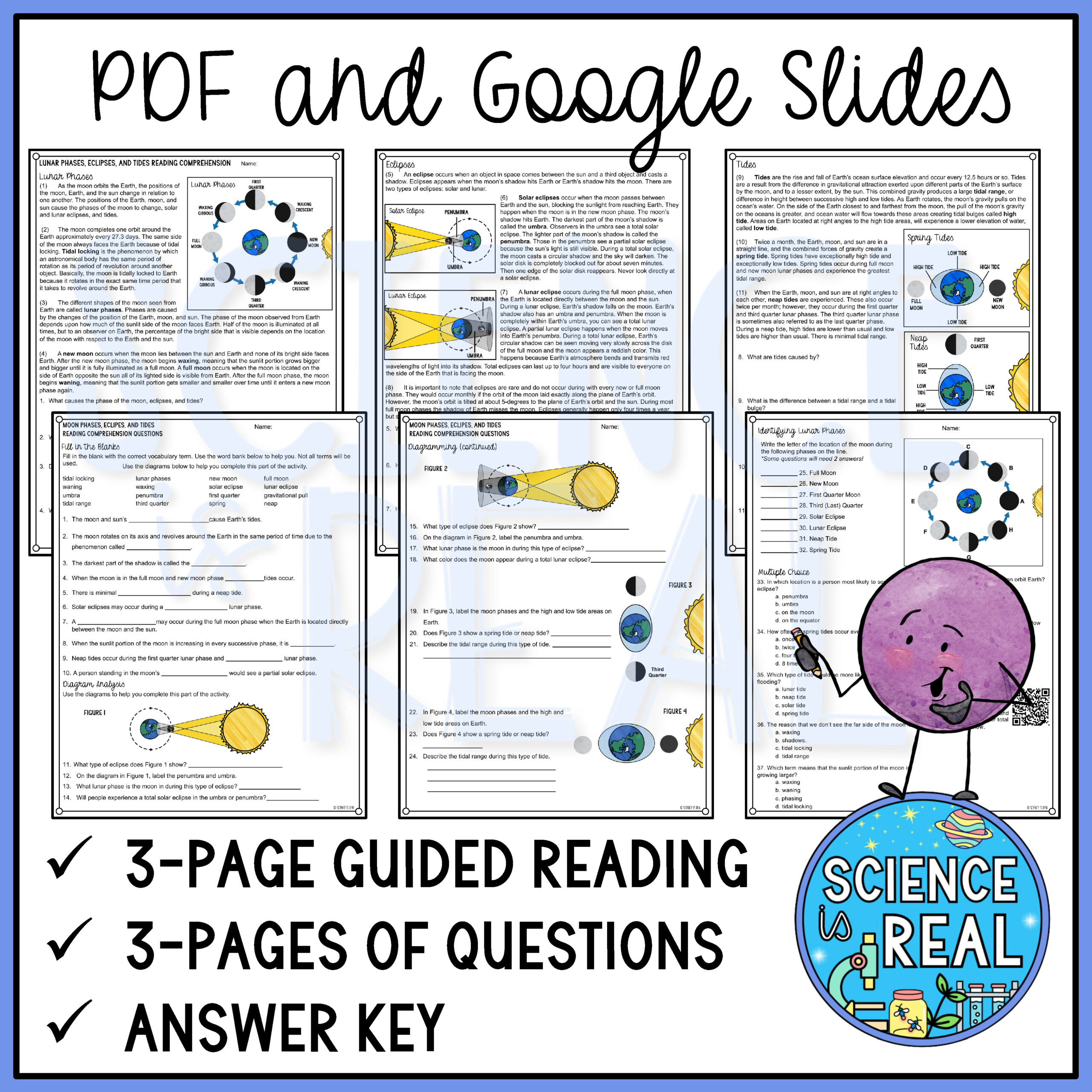 Moon Phases, Eclipses, And Tides Reading Comprehension Activity in Moon Phases Reading Comprehension Worksheet Middle School