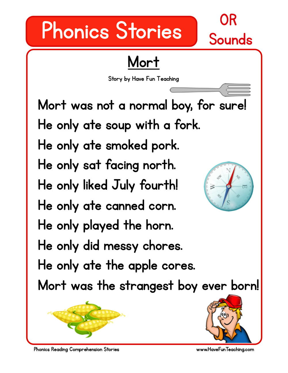 Mort Phonics Reading Comprehension Story Worksheet - Or Sound within Teacher Worksheets Reading Comprehension