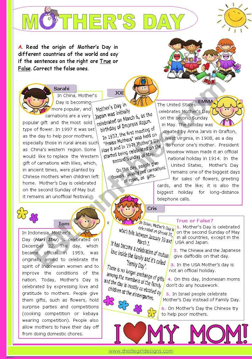 Mother´s Day Around The World - Reading Comprehension - Esl inside Mother’s Day Reading Comprehension Worksheets