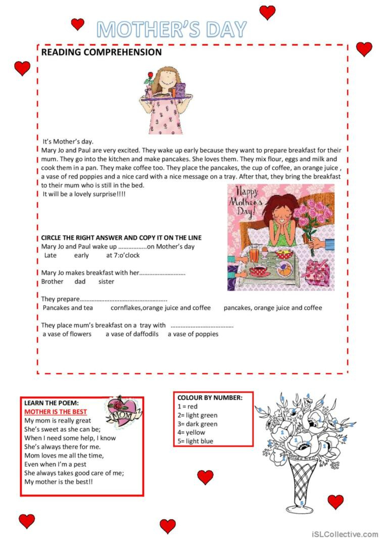 Mother&amp;#039;S Day Reading Comprehension: English Esl Worksheets Pdf &amp;amp; Doc throughout Mother’s Day Reading Comprehension Worksheets