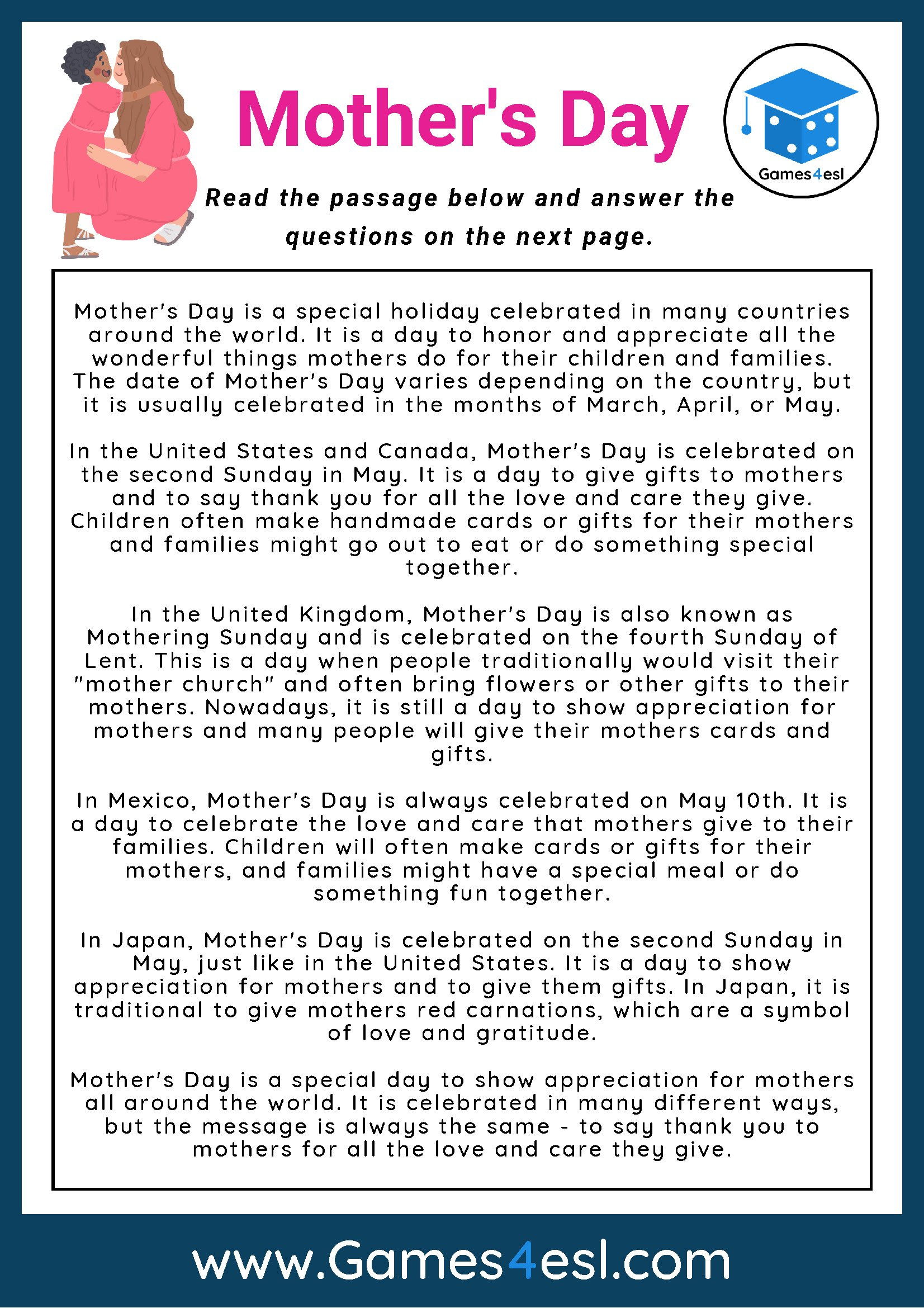 Mother&amp;#039;S Day - Reading Comprehension Worksheet | Games4Esl intended for Mother’s Day Reading Comprehension Worksheets