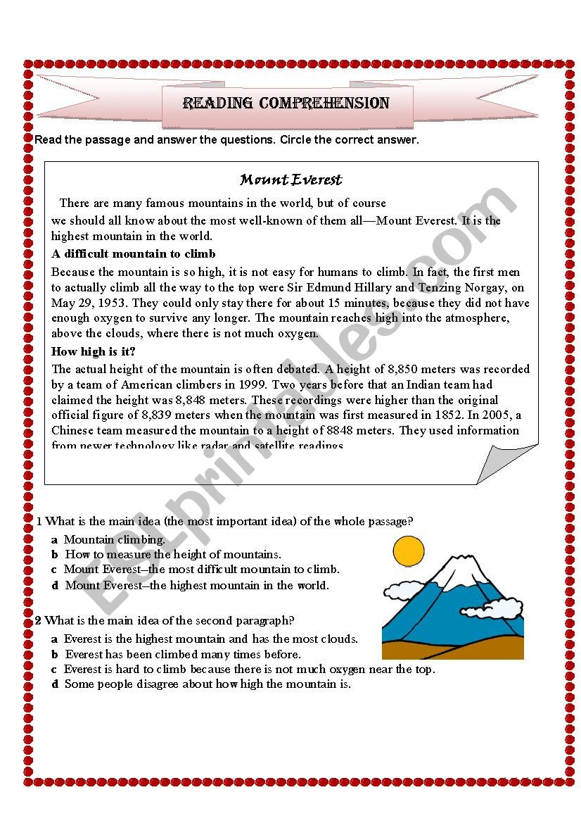 Mount Everest Reading Comprehension - Esl Worksheetsadeel in Mt. Everest Reading Comprehension Worksheets