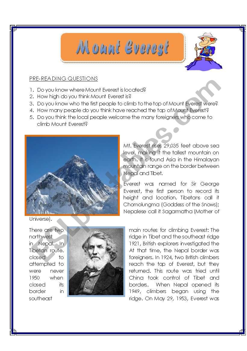 Mount Everest - Reading Comprehension - Esl Worksheetzhlebor intended for Mt. Everest Reading Comprehension Worksheets