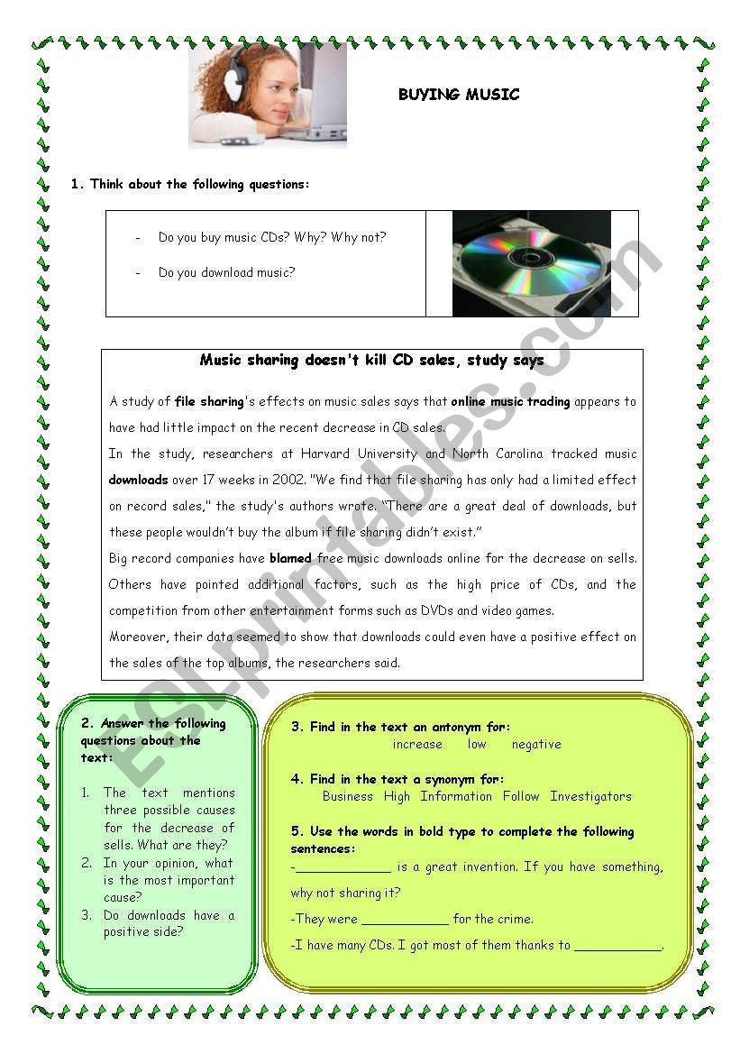 Music Sales - Reading Comprehension - Esl Worksheetthenurse78 intended for Reading Comprehension Worksheets About Music