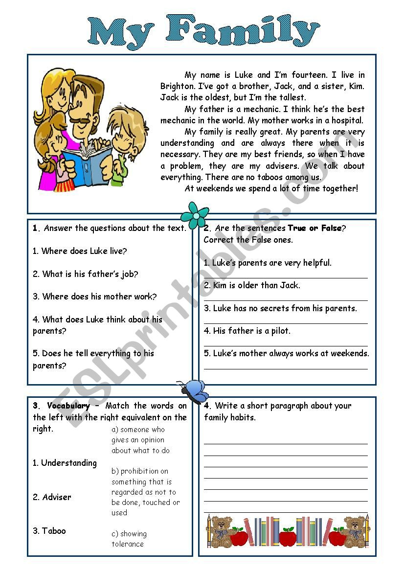 My Family - Reading Comprehension - Esl Worksheetsarasantos with regard to Reading Comprehension Worksheets Liveworksheets