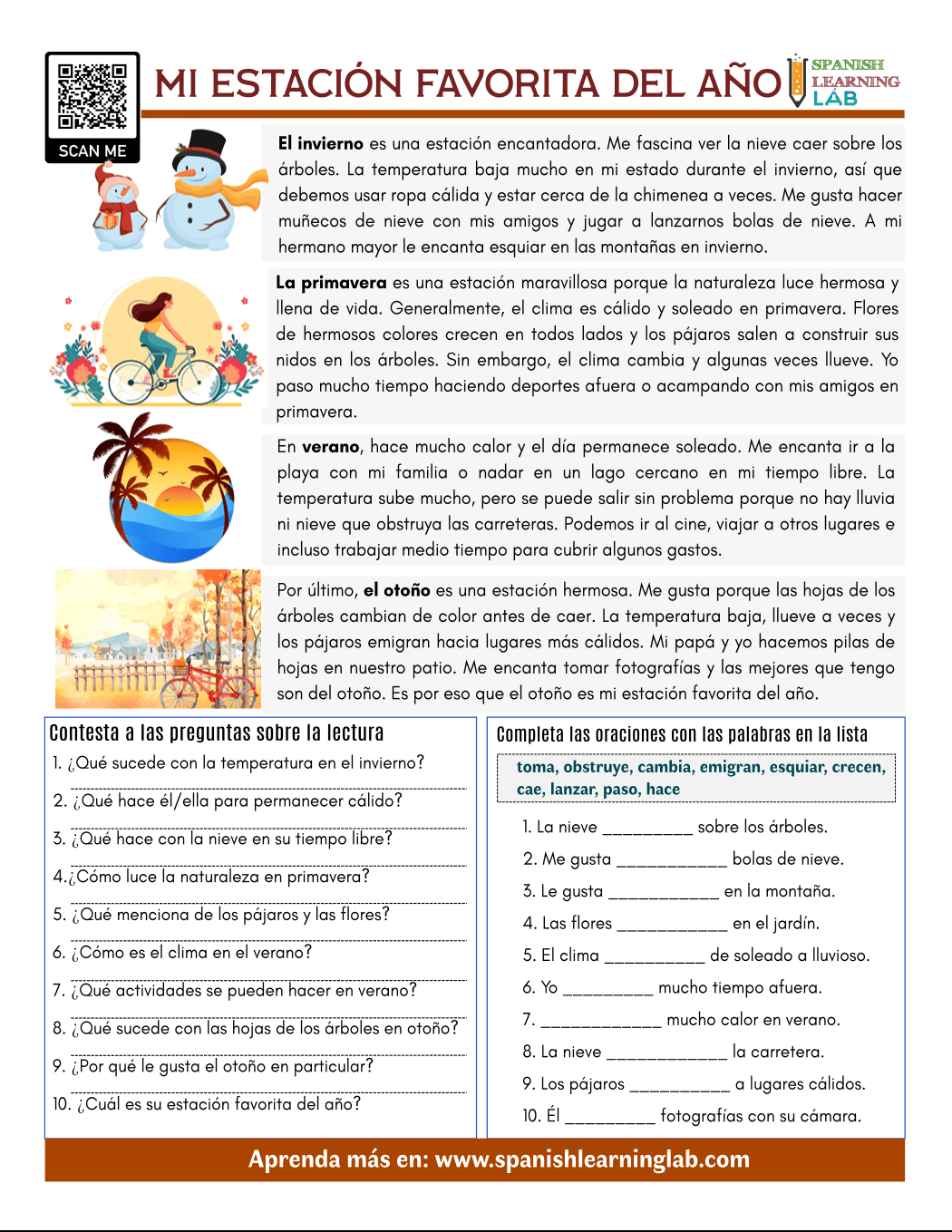 My Favorite Season In Spanish - Pdf Reading Worksheet - Spanish in Spanish Reading Comprehension Worksheets Free