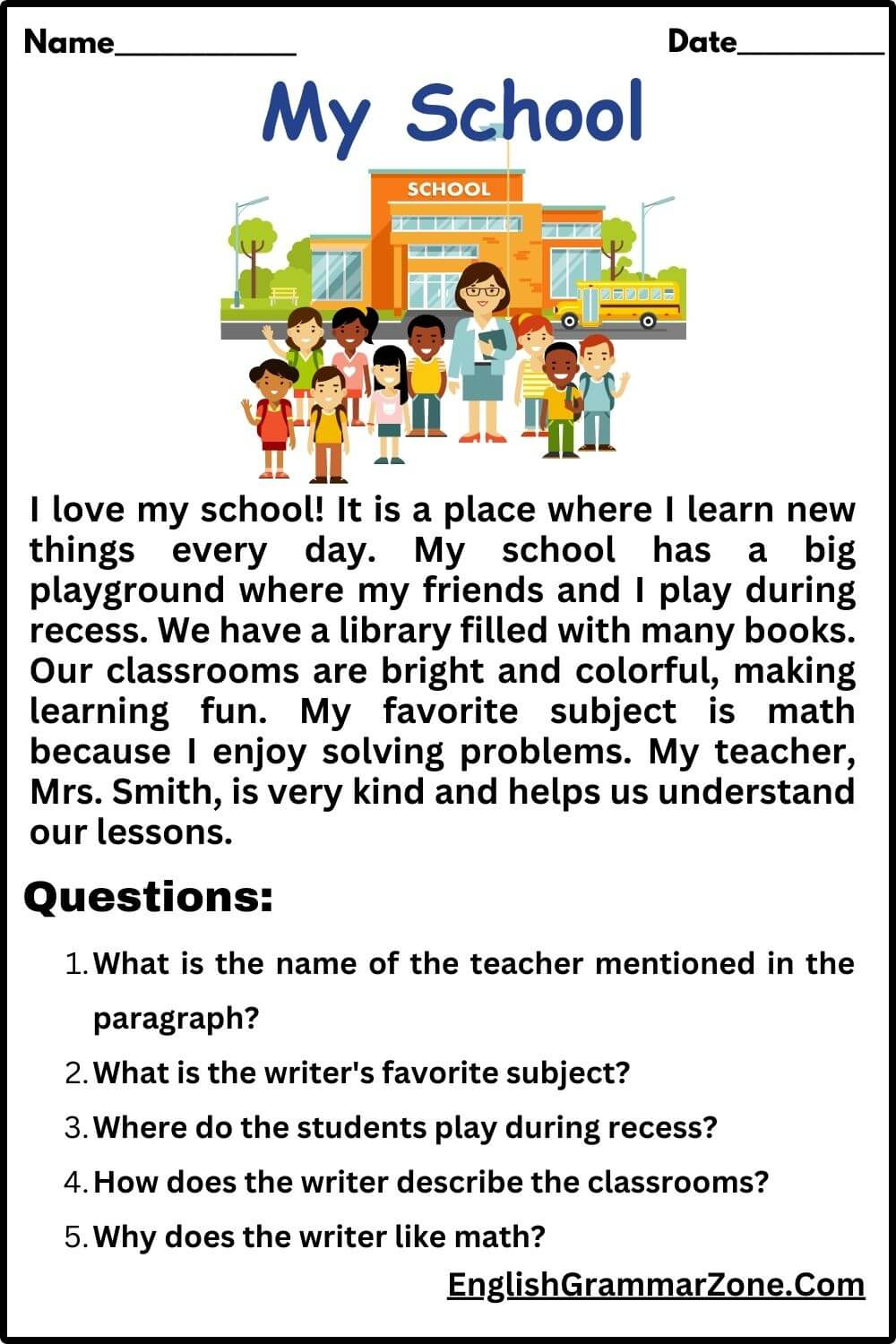 My School: Reading Comprehension For Grade 2 for Year 2 Reading Worksheets