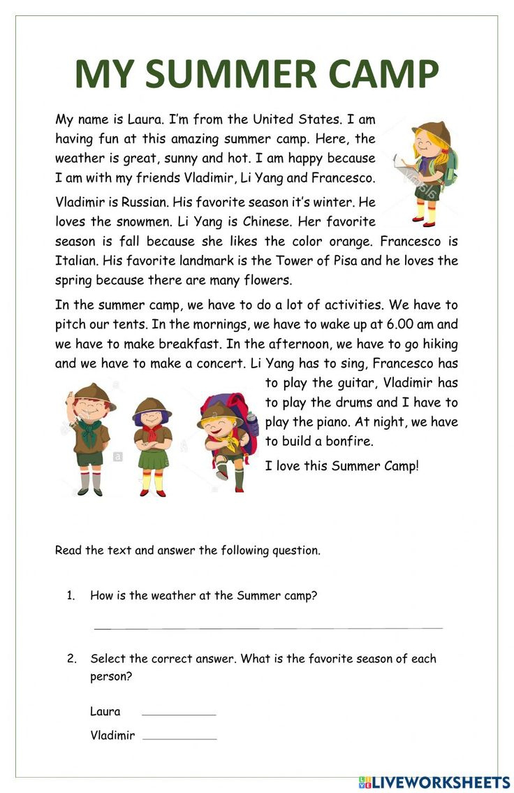 My Summer Camp Interactive Worksheet with Reading Comprehension Worksheets Liveworksheets