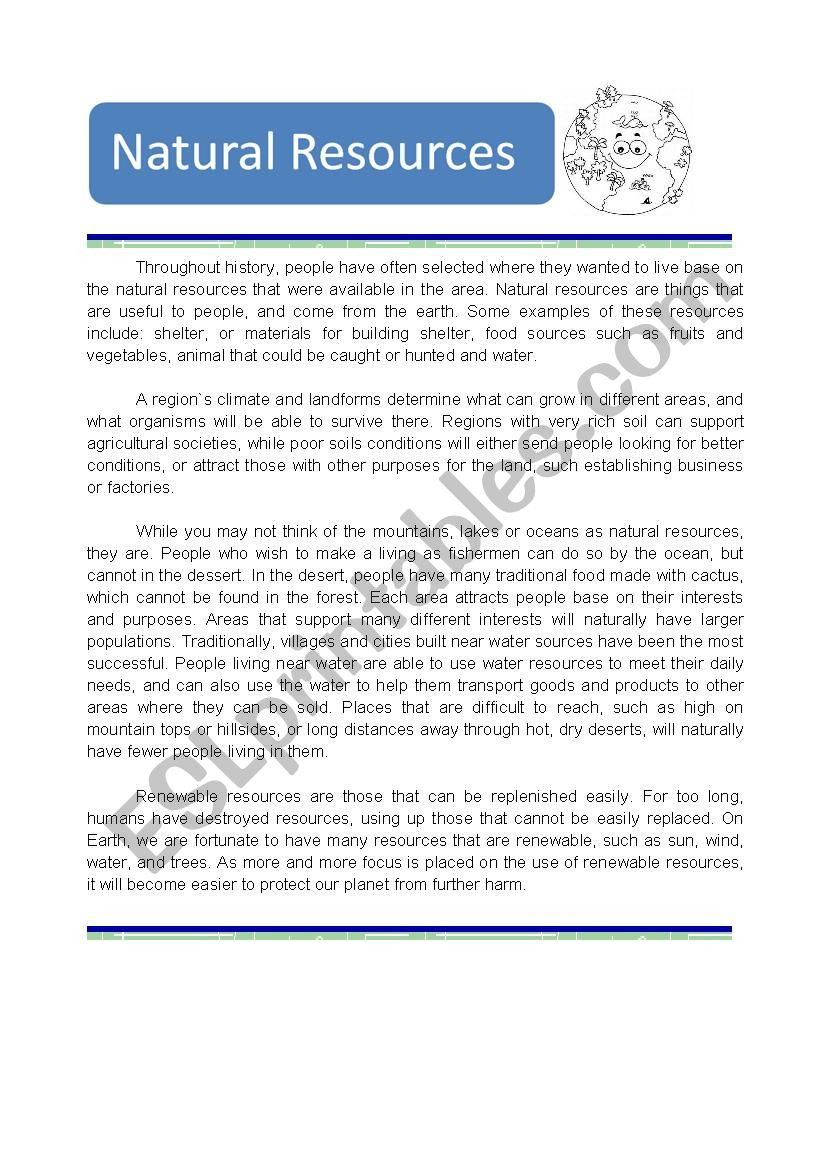 Natural Resources - Esl Worksheetkinco regarding Natural Resources Reading Comprehension Worksheet