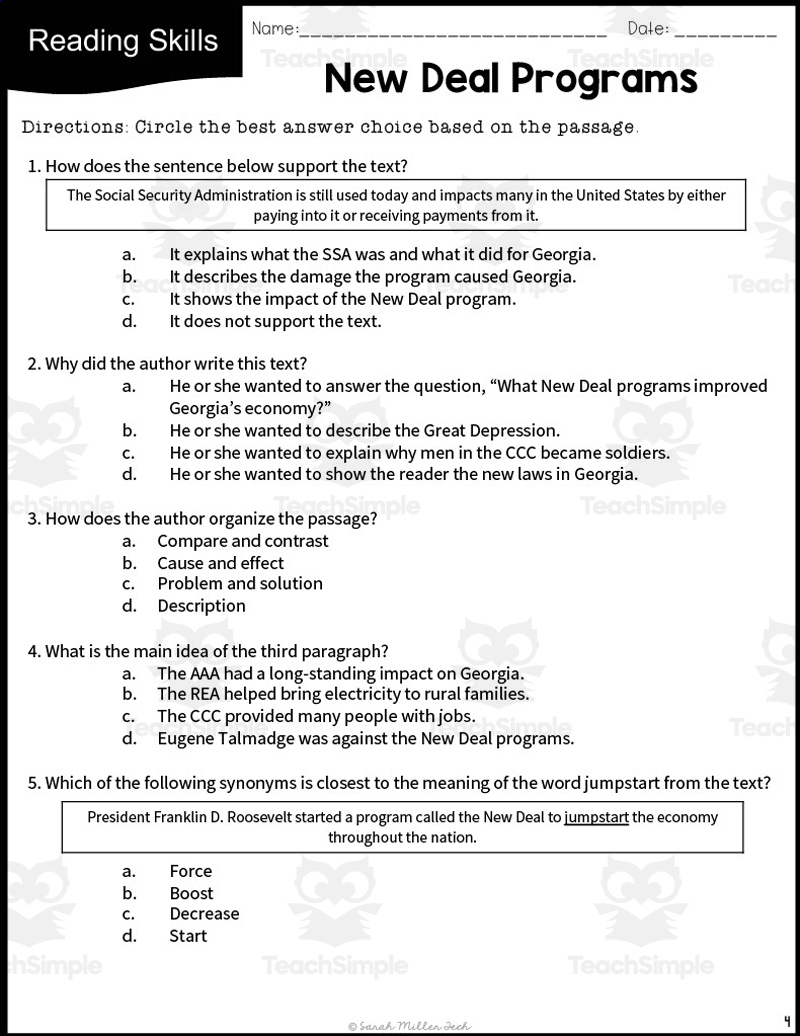 New Deal Programs Reading Packetteach Simple regarding Franklin D Roosevelt Reading Comprehension Worksheets