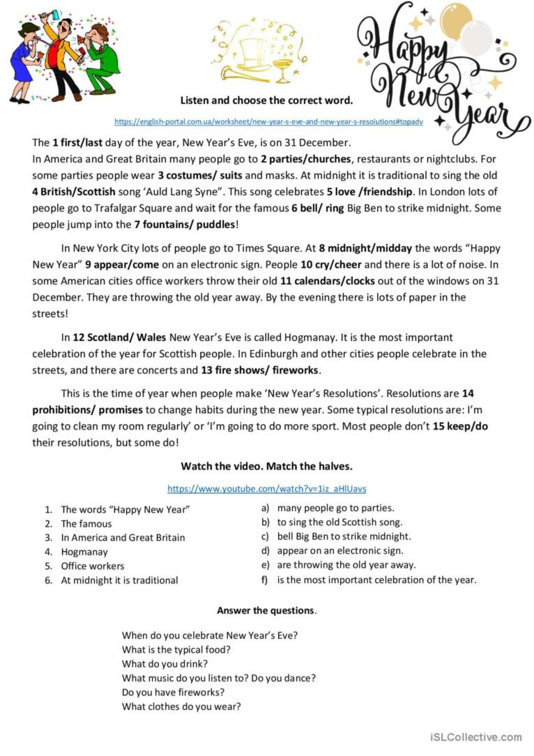 New Year&amp;#039;S Eve. Reading/ Listening G…: English Esl Worksheets Pdf with regard to New Year&amp;#039;S Reading Comprehension Worksheets
