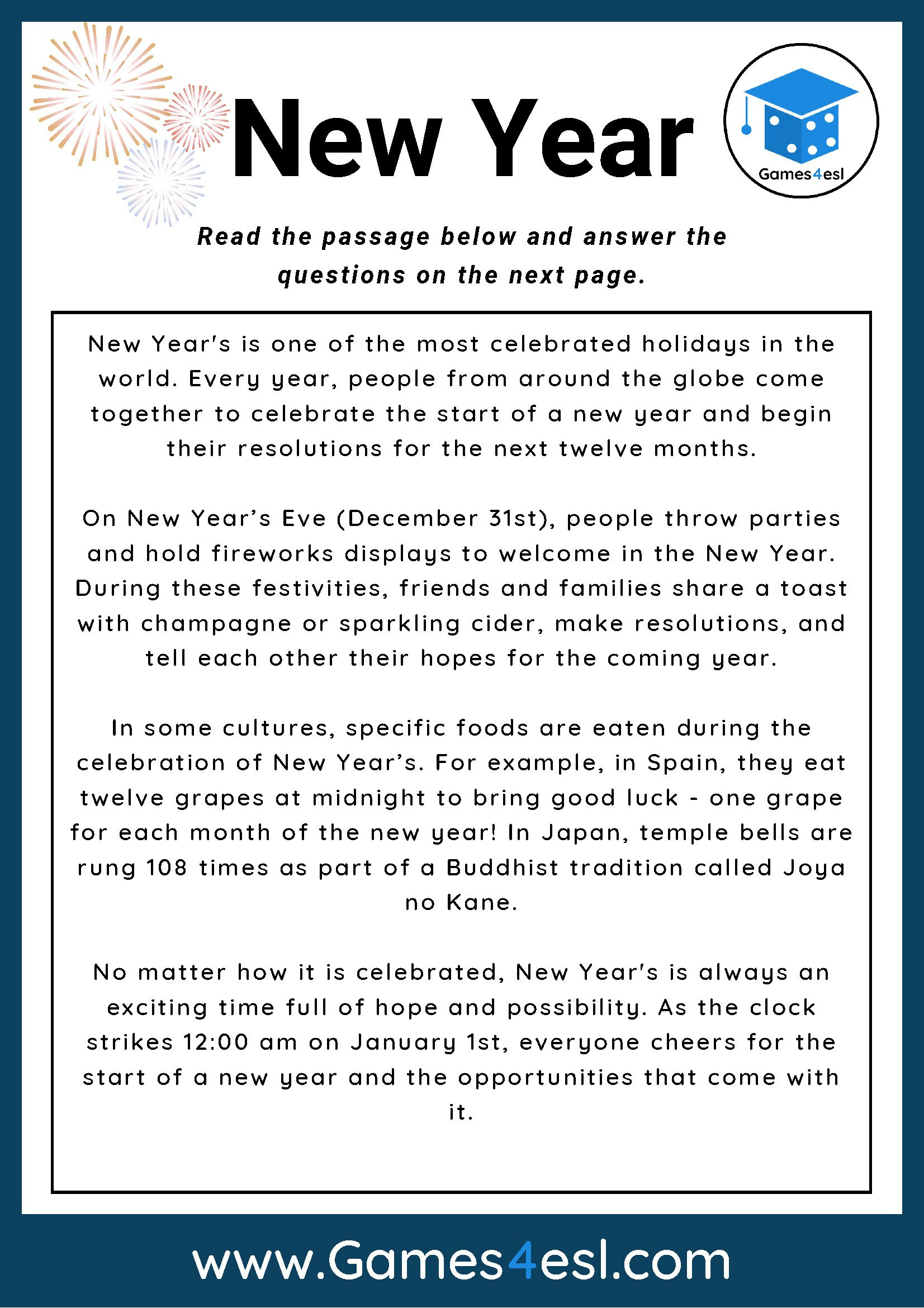New Years - Reading Comprehension Worksheet | Games4Esl intended for New Year&amp;amp;#039;s Reading Comprehension Worksheets