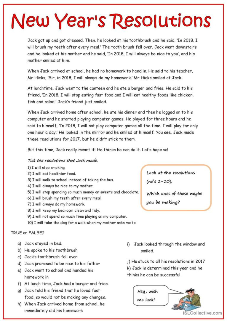 New Year&amp;#039;S Resolutions Reading For D…: English Esl Worksheets Pdf for New Year&amp;#039;S Reading Comprehension Worksheets