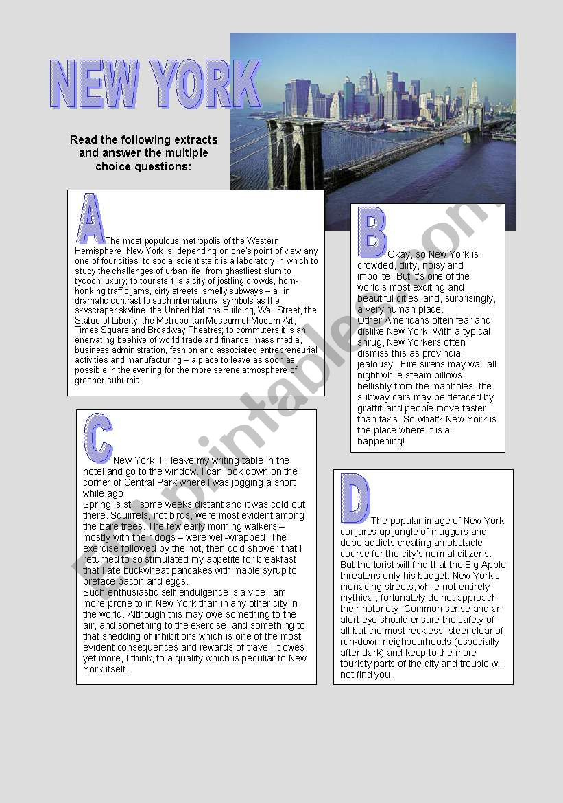 New York City Reading Comprehension - Esl Worksheetsimpson-Parker with regard to Central Park New York Reading Comprehension Worksheets