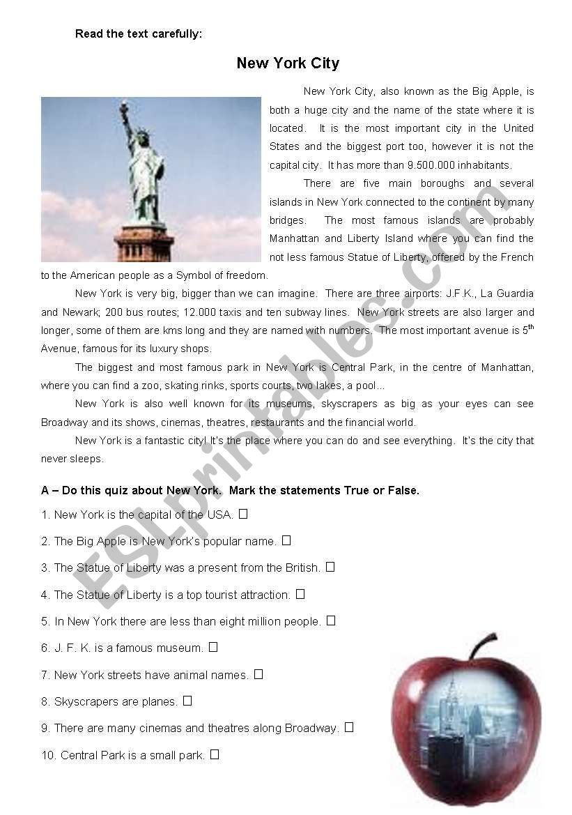 New York City - Reading - Esl Worksheetatsitab in New York Reading Comprehension Worksheets