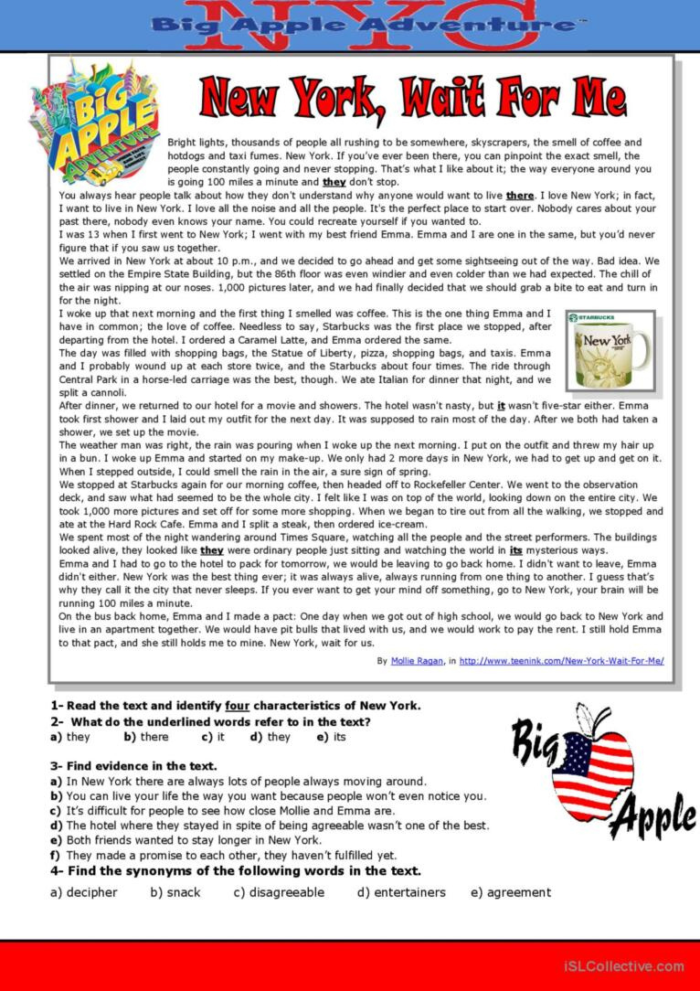 New York, Wait For Me Reading For De…: English Esl Worksheets Pdf for New York Reading Comprehension Worksheets