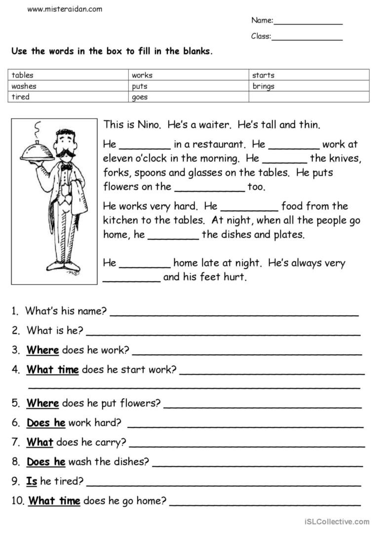 Nino The Waiter - Reading Comprehens…: Español Ele Hojas De pertaining to El Nino Reading Comprehension Worksheet