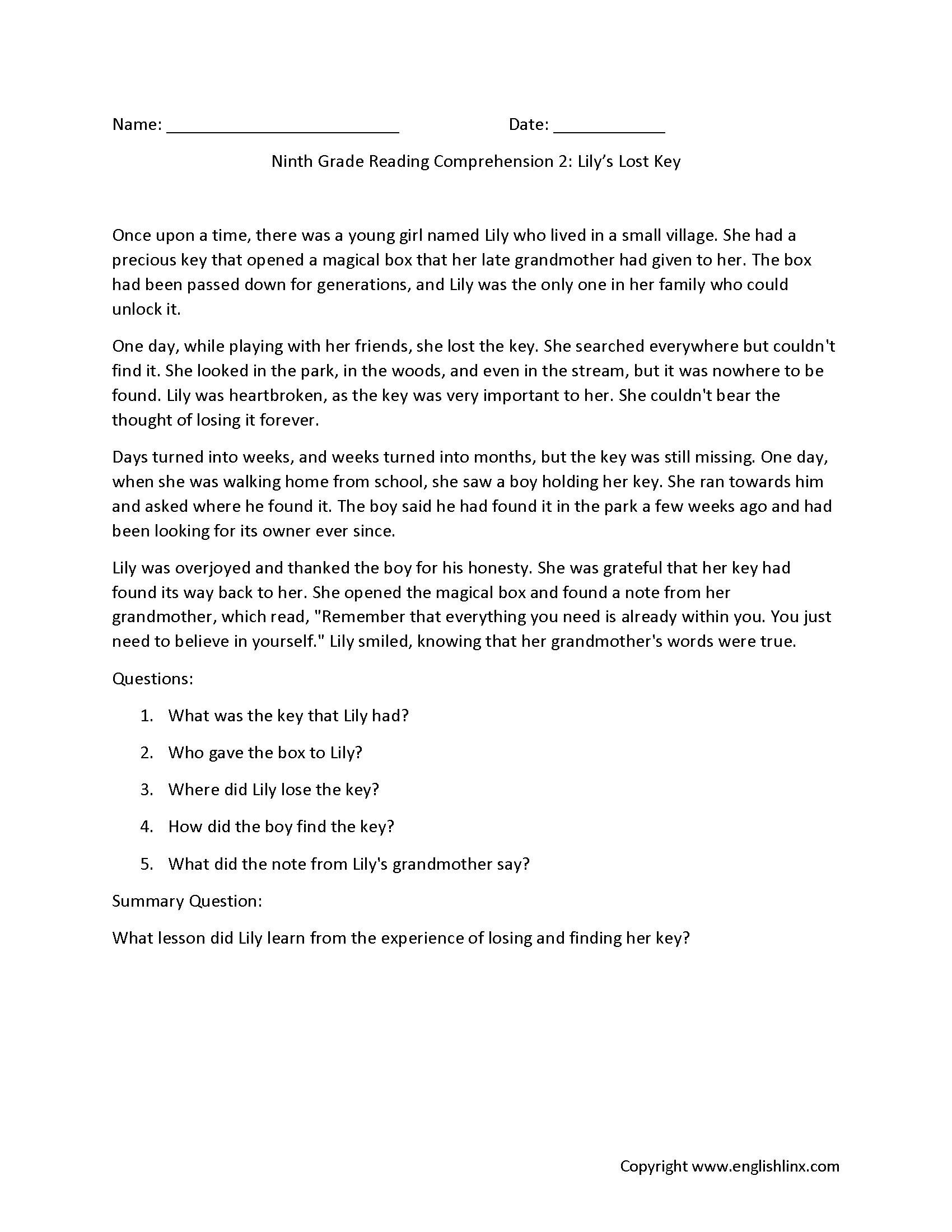Ninth Grade Reading Comprehension Worksheets | Passages &amp;amp; Question intended for Year 9 Reading Comprehension Worksheet