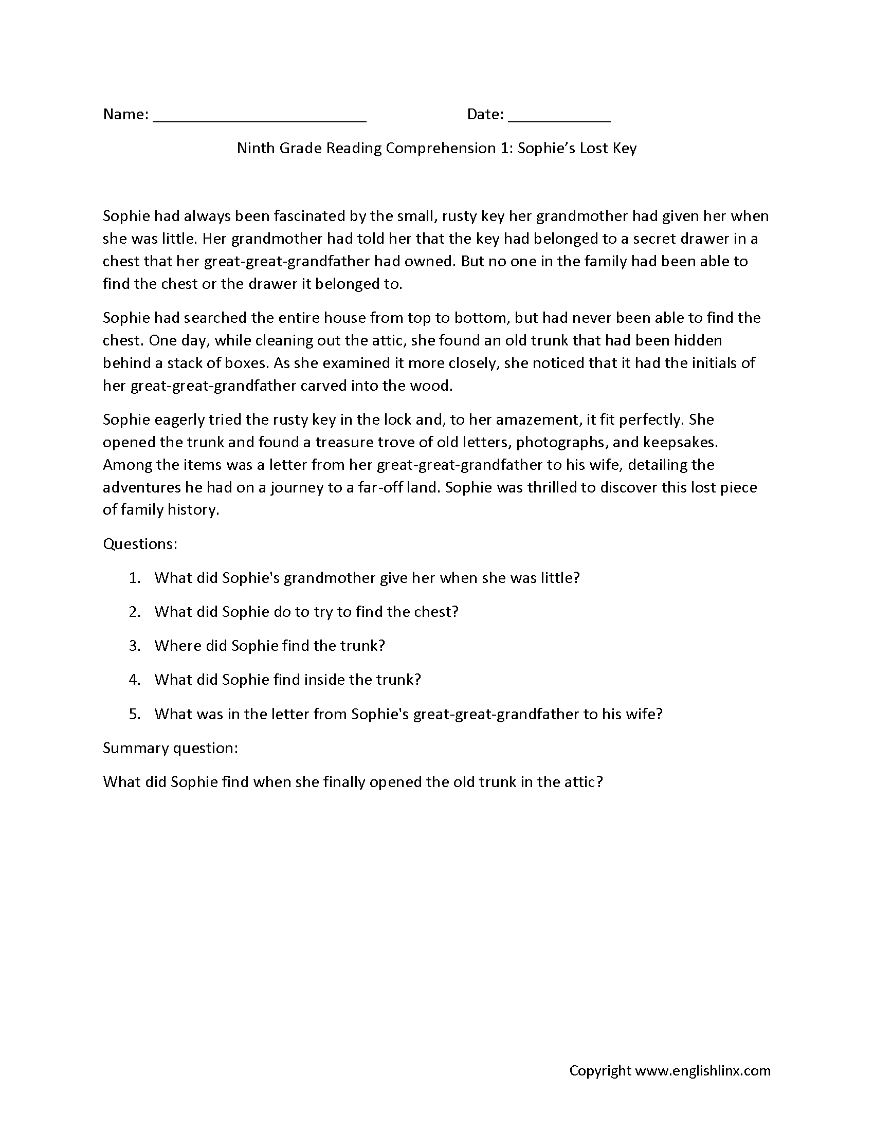 Ninth Grade Reading Comprehension Worksheets | Passages &amp;amp; Question pertaining to 9th Grade Reading Comprehension Worksheet