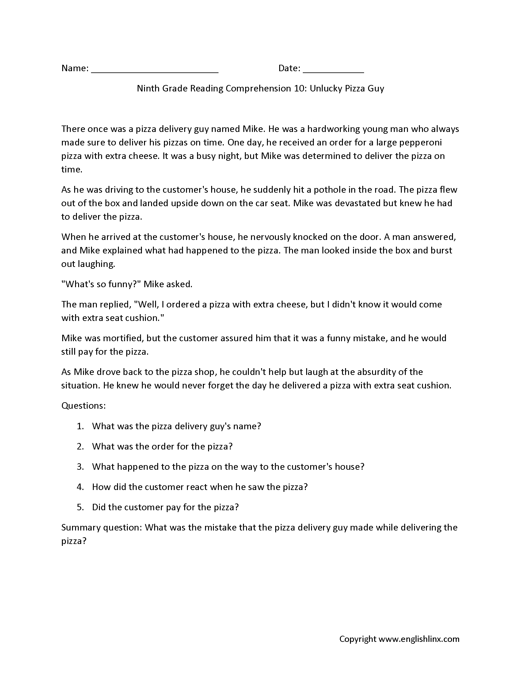 Ninth Grade Reading Comprehension Worksheets | Passages &amp;amp; Question pertaining to Year 9 Reading Comprehension Worksheets With Answers
