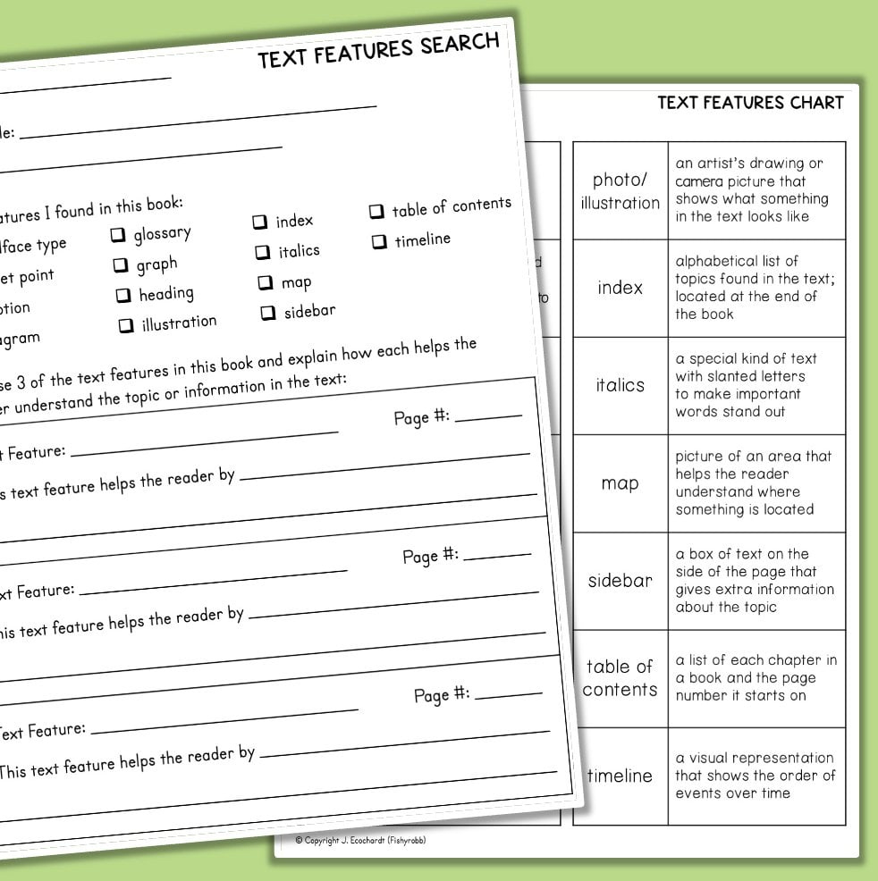 Non-Fiction Text Features Posters And Worksheets - Fishyrobb throughout Text Features Reading Comprehension Worksheet